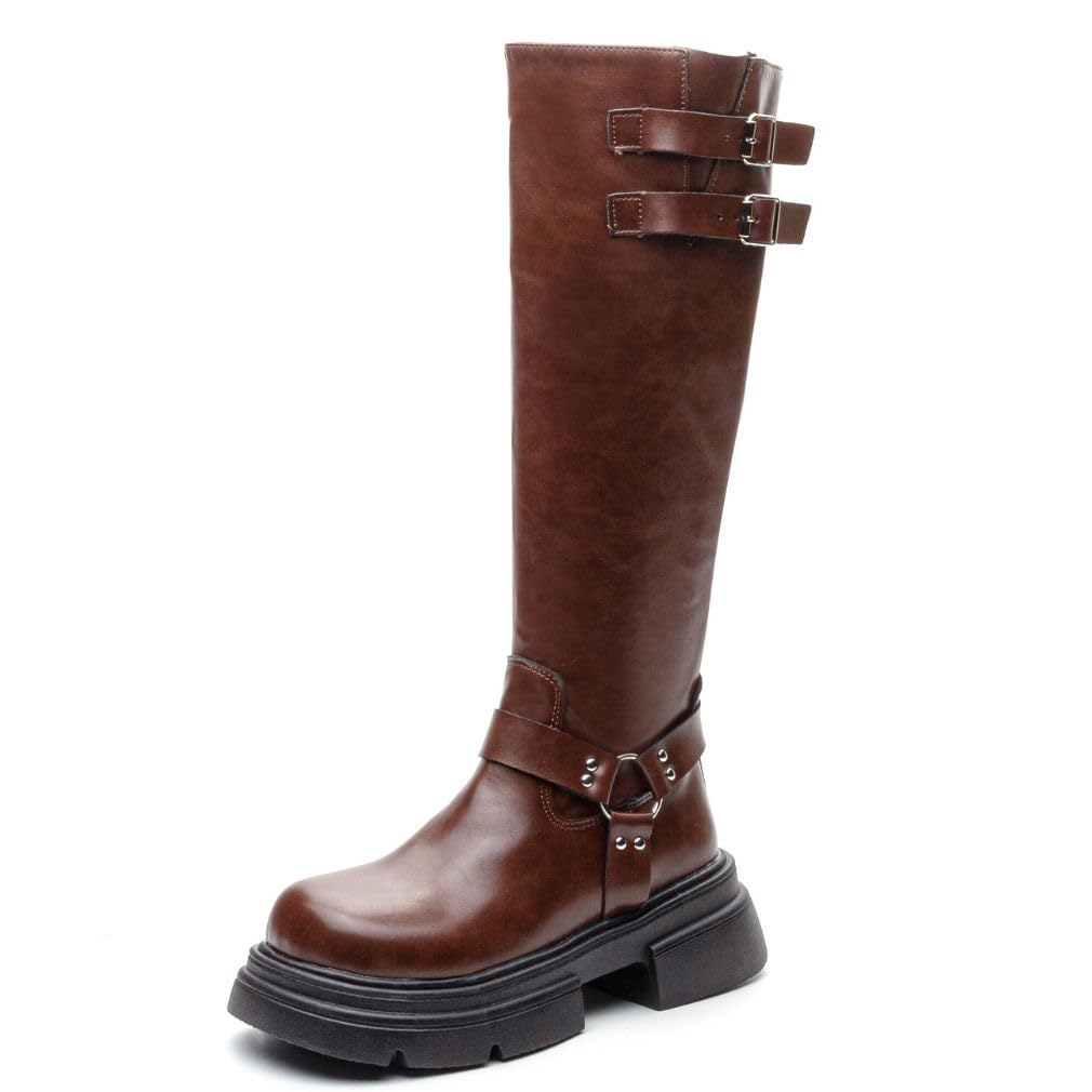 Mid Calf boots women fashion Brown 7.5
