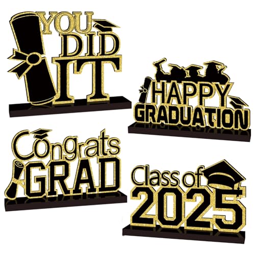 4Pcs Graduation Decorations Class of 2025 Congrats Grad Wooden Table Centerpieces Grad Table Toppers Congratulate Tiered Tray Decor You Did It Graduation Party Decorations 2025 (Black and gold)