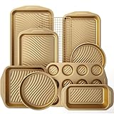HONGBAKE 9-Piece Baking Pans Set with Wave Texture for Reduced Oil, 0.8mm Thick Non Toxic Bakeware Sets Non Stick, Includes Stackable Cookie Sheets for Oven Cooking, Cake Pan, Muffin Pan, Gold