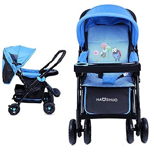 Newborn Baby's Easy Foldable Design, Wide Seating Space Pram Cum Baby Stroller with Storage Basket, Food Tray with Bottle Holder and 3 Position Backrest (Blue, 0-3 Years)