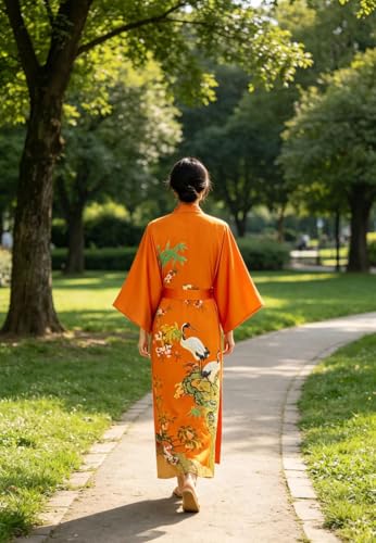 Image of Women's Classic 100% Silk Kimono Robe, Bathrobe-Printed Pattern