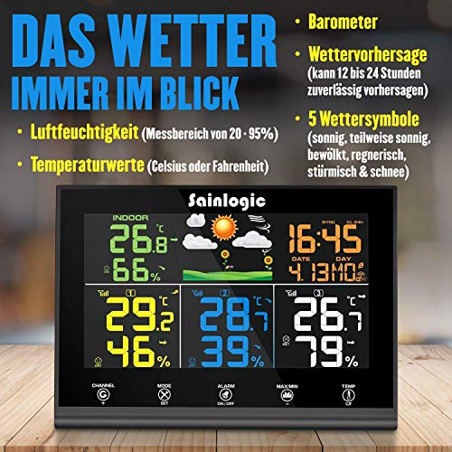 Sainlogic wireless weather station with 3 outdoor sensors, weather forecast, color display, radio thermometer hy-grometer with outdoor sensor, Black - Thumbnail 3