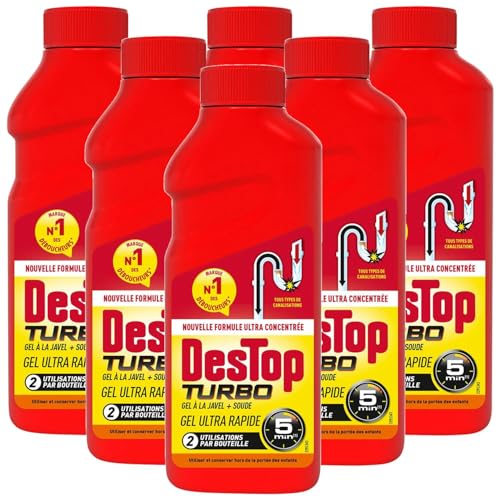 DESTOP - Gel désinfectant et déboucheur canalisation Turbo 5 min - 2 doses - Lot de 6 x 500ml