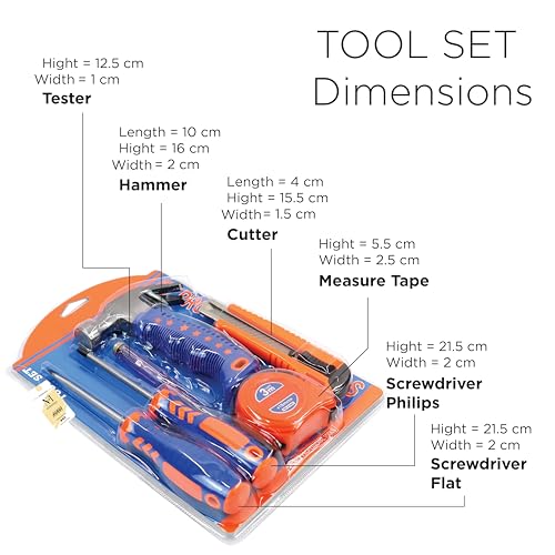 Image of NFI essentials 6 Pcs. Basic Hand Tools Kit for Household DIY & Emergency Repair Compact & Portable Set of Measuring Tape,Hammer,Screwdriver,Cutter,Tester