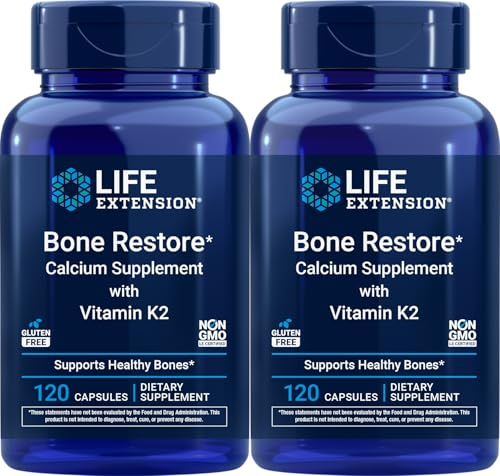 Life Extension Bone Restore Calcium Supplement with Vitamin K2 120 Capsules (Pack of 2)