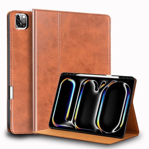 NANRUIL for Ipad Pro 11-inch Case M4 5th Gen 2024(Model:A2836/A2837) Genuine Leather Cover Protective Shell,Built-in Pencil Holder and Auto Wake/Sleep.Brown