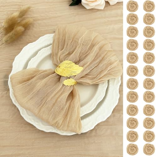 24pack Beige Cheesecloth Napkins 20x20 Boho Beige Cloth Napkins Wrinkled Gauze Dinner Table Napkin for Wedding Party Baby Shower Birthday Decor