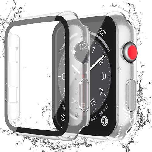 Image of Misxi [2 Pack] Waterproof Case with Button Designed for Apple Watch Series 3 Series 2 38mm, Anti-Fall Hard PC Cover with Tempered Glass Screen Protector for iWatch S3 /S2, Matte Transparent