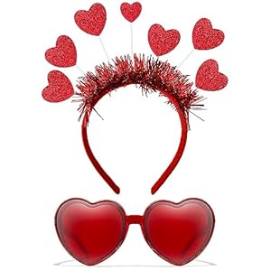 Heart Headband and Heart Sunglasses for Valentine, Wedding, Birthday, Party – One Size Fits Most – Red