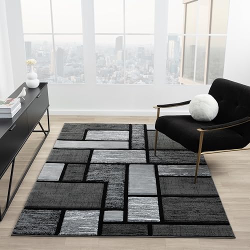 HADBA Modern 5x7 Grey-Black Square Geometric Living Room Rug - Area Rugs for Living Room, Dining & Bedroom - Hand Carved Runner Carpet - Durable Polyester - Non-Fade, Stain-Resistant - Turkish Made