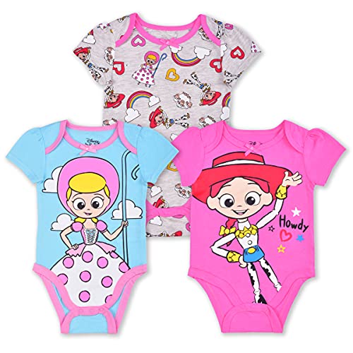 Disney Toy Story Bo Peep and Jessie Girls 3 Pack Short Sleeve Bodysuits for Infant – Grey/Blue/Pink