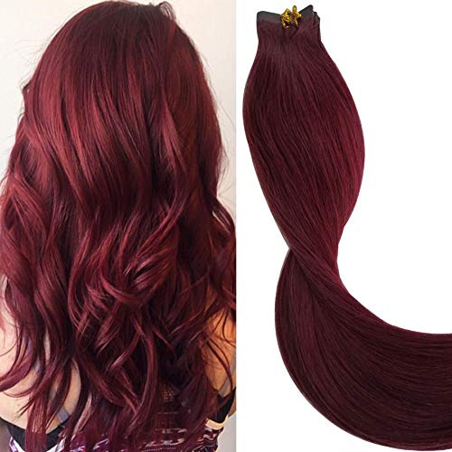 Preisvergleich Produktbild Echthaar Tape in Extensions Haarverdichtung Haarverlängerung glatt 20 Tressen x 4 cm 99J Burgunderrot rod Burgund