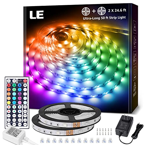 LE 50ft LED Strip Lights, Ultra-Long RGB 5050 LED Strips with Remote Controller and Fixing Clips, Color Changing Tape Light with 12V Adapter for Halloween Decorations, Bedroom, Room(2 X 24.6FT)