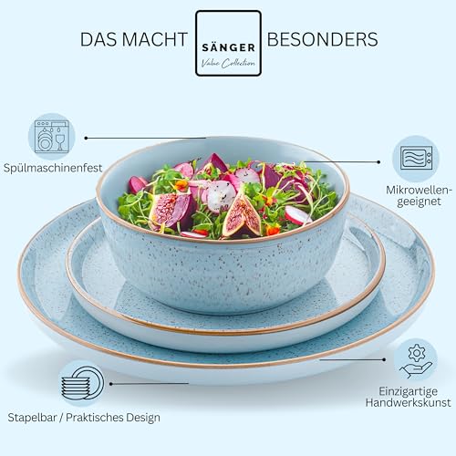 SÄNGER Rio Lagune | Tafelservice 18 teilig, Steingut Geschirr Set 6 Personen, 6x Speiseteller 6x Dessertteller 6x Schalen Geschirrset und Schale blau | VALUE COLLECTION