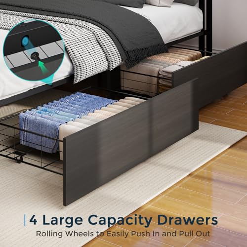 Image of Queen Bed Frame with 4 Storage Drawers, Queen Size Bed Frame, Rustic Grey | LED Light, Charging Station, Wood Headboard, Metal Platform, No Box Spring Needed, Noise Free, Easy Assembly