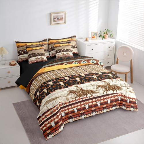 Image of Horse Decor Western 7 Piece Comforter Set Full Bed in a Bag Cow Skull Bedding Sets Cowboys Geometric Aztec Comforter and Sheet Set,Bull Longhorn Skull Bed Sets,Rustic Buffalo Plaid Farmhouse Decor