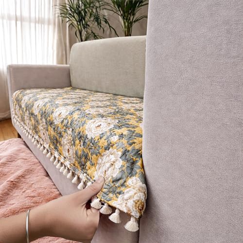Image of Homerz Premium Printed Quilted Velvet Sofa Slip Cover Protector with Tassels, Sofa Mat, Exact Size, Antislip Cover (Antique Garden, 3 Seater, Half)