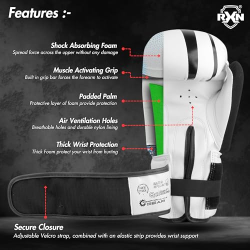 Image of RXN R1 Boxing Gloves with Microfiber Thumb, Premium, High-Performance & Durable for Men, Women & Kids, Training, Kickboxing, Taekwondo, MMA, Muay Thai & Martial Arts (White /Black, 14oz)
