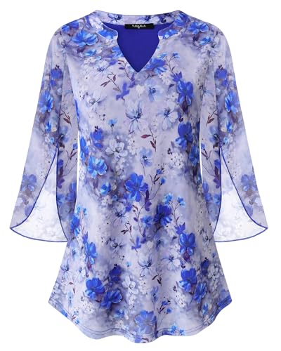 VALOLIA Plus Size Blouses For Women: Loose Fit 3/4 Sleeve Breathable Elegant Shirts - Business Casual Tops For Women - Flowy Tunic Tops Lightweight Dressy Fomal Blouses for Church Blue Floral XXL