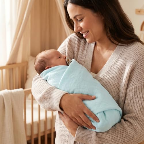 Image of The White Cradle Muslin Swaddle for Newborn Baby, Organic Cotton Wrap Powder Blue