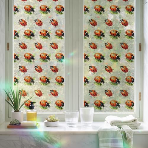 Película opaca para ventana con diseño de mariquitas y hojas beige 17.7"x39.3" miniatura 4
