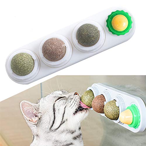 Bolas de Hierba Gatera, 4 EN 1 Juguetes con Hierba Gatera Juguetes de Gato Interactivos Rotatorios de Hoja de Menta Natural Pura, Juguetes de Eliminación de Gatos, Juguete de Limpieza de Dientes