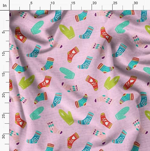 Image of Soimoi Pink Poly Georgette Fabric Socks & Gloves Folk Art Print Sewing Fabric Meter 52 Inch Wide