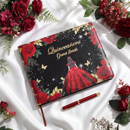 Image of MotiMind Quinceanera Guest Book with Pen 11 x 8 Inch Libro De Firmas Para 15 Anos Quinceanera Leather Hardcover Signature Guest Sign in Book for 15th Party Favors Decoration (Red,Bright)