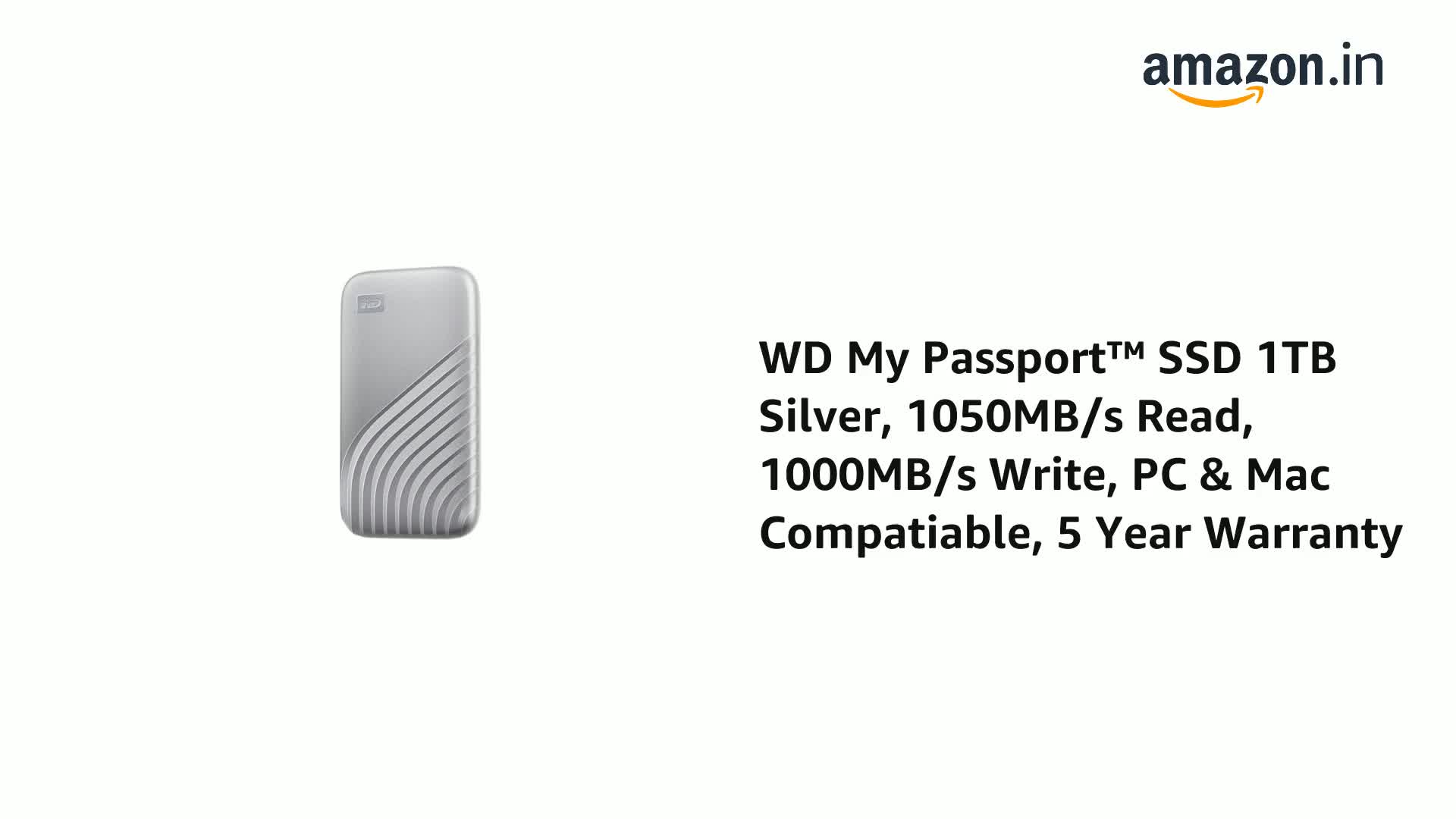 WD My Passport™ SSD 1TB Silver, 1050MB/s Read, 1000MB/s Write, PC