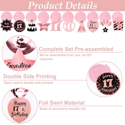 Image of 17th Birthday Decorations for Girls Rose Gold Pink Pre Assembled Happy Birthday Banner and Hanging Swirls 17 Years Old Party Decorations Supplies 17th Birthday Gifts for Girls