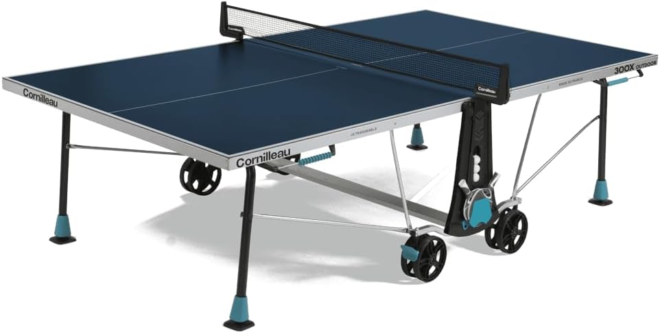 CORNILLEAU - 300X Outdoor Table Tennis Table - 5mm Weatherproof Surface, Anti-Glare Coating, Compact Folding Design, Storage for Paddles & Balls - Blue or Grey