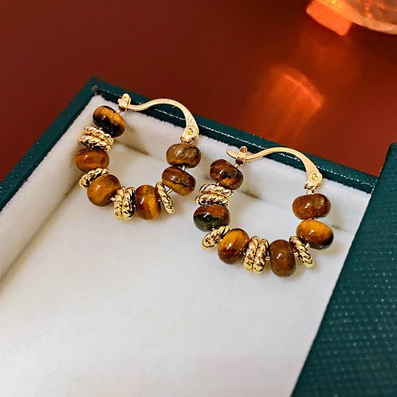 18K Gold Plated, Tiger Eye Beaded Hoop Earrings for Women – Small Brown Resin & Gold Textured Bead Statement Hoops – Elegant Boho Jewelry for Daily Wear or Gifts - Image 2