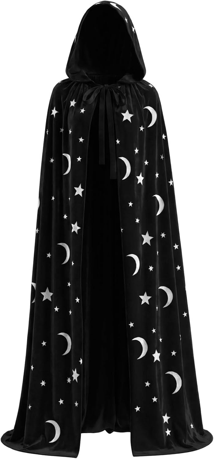 Women's Hooded Celestial Cape Star Moon Halloween Witch Cosplay Cloak