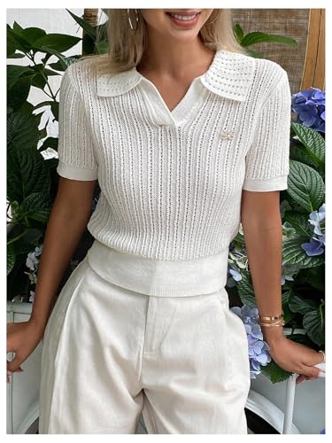 SweatyRocks Women's Short Sleeve Sweaters Tops Hollow Out Lapel V Neck Knit Casual Pullovers3