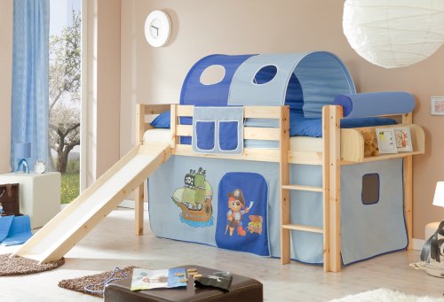 Hochbett mit Rutsche Rutschbett Manuel Kiefer massiv Natur, Vorhangstoff:Pirat Hellblau Dunkelblau Hochbett mit Rutsche Rutschbett Manuel Kiefer massiv Natur, Vorhangstoff:Pirat Hellblau Dunkelblau