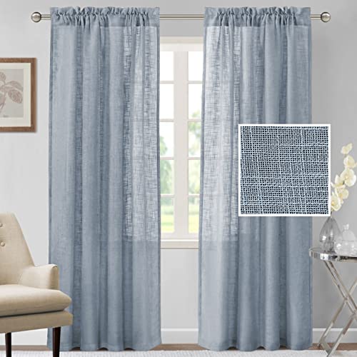 H.VERSAILTEX Linen Curtains 96 inches Long Natural Linen Blended Curtains for Living Room Burlap Linen Textured Curtains Light Filtering Rod Pocket Curtains Bedroom Curtains 2 Panel Sets, Stone Blue