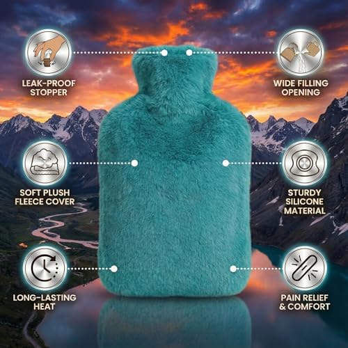 Image of Hot Water Bag with Plush Soft Cover 2 Litre | Medical-Grade Leak-Proof Heating Bottle for Pain Relief & Menstrual Cramps | Hot & Cold Compress for Neck, Back, Shoulder, Legs & Muscle Care (Aqua Green)