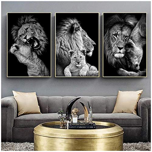 QIAOO Mode Toile Art, Noir Blanc Animaux Art Lions Peinture mâle Lion Femelle Lion et lionceau Affiches et Impressions Salon décor Mur Photos Pas de Cadre