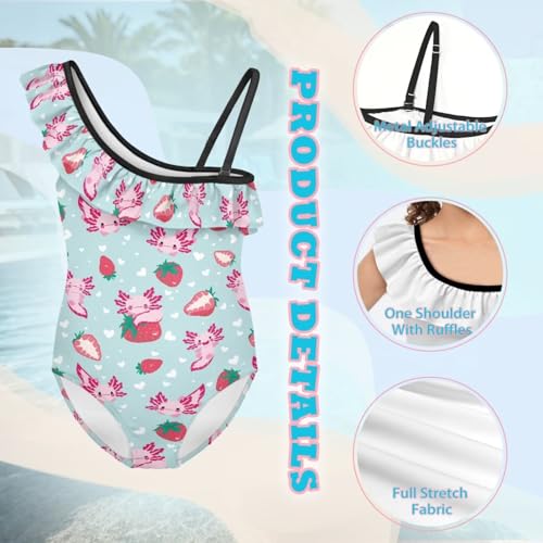 Image of WELLFLYHOM Axolotl Girls One Piece Swimsuits 3-14 Ruffle One Shoulder Bathing Suits Full Coverage Beachwear