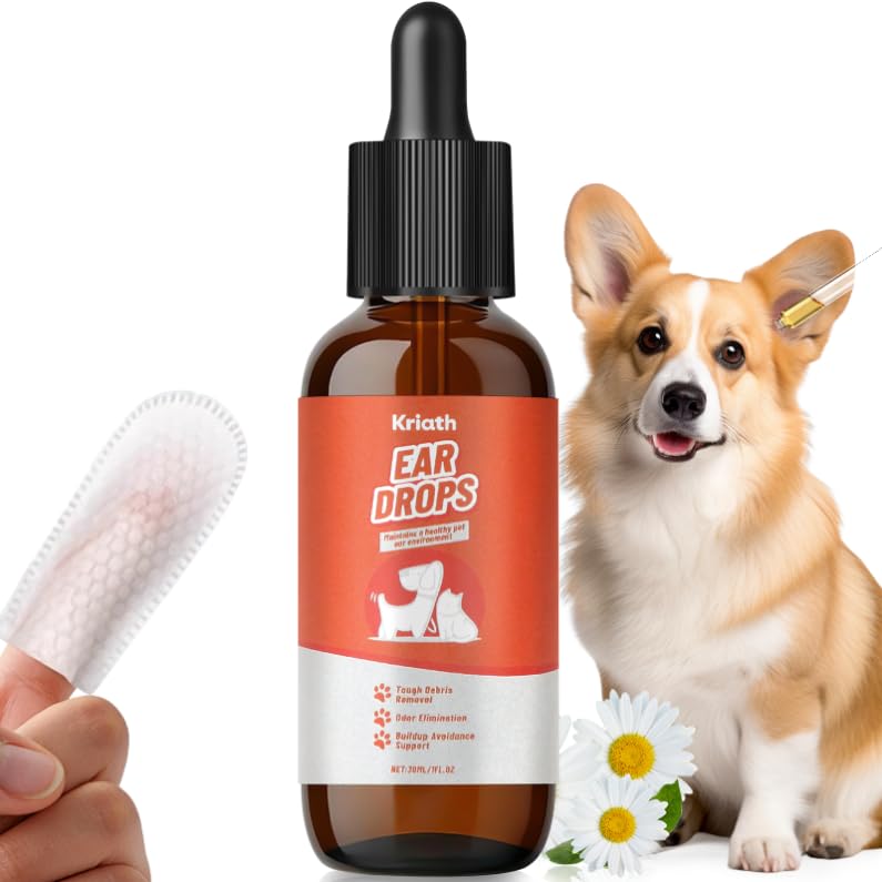 Ear Drops for Dogs – Natural Dog Ear Cleaner with 50 Dry Finger Wipes, Chamomile-Infused for Dogs & Cats, Supports Ear Comfort, Lifts Wax & Reduces Odor, Gentle Pet Ear Care Kit, 1 oz