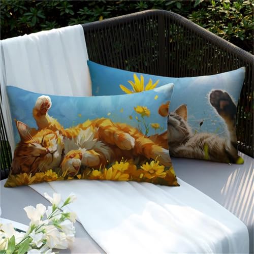 Juego de 2 Fundas de Cojines Rectangulares 30x50, Funda Cojin Gato Funda Almohada, Exterior Impermeable Cogines Sofá Flor, con Cremallera Oculta, Decoração Sala Exterior Jardín Coche, Regalo Y2-94