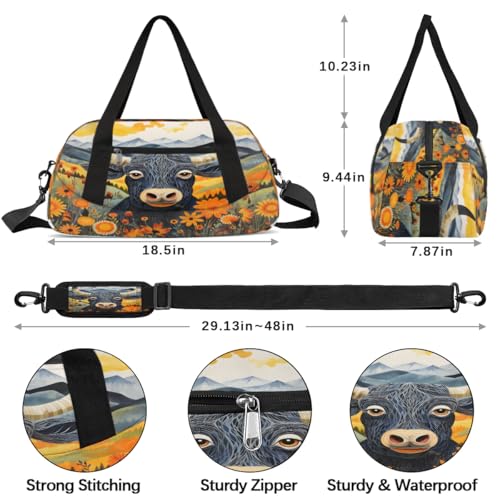 Abstract Cow Flower Field Mountains Waterproof Sports Gym Bag Portable Dance Gymnastics Work Out Bag Lightweight Travel Duffel Bag Overnight Weekender Bag4