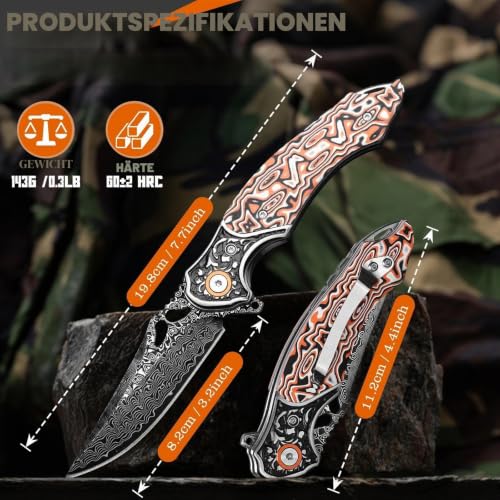 Freelander Damast Taschenmesser Klein, Outdoor Klappmesser aus Damaststahl – Ansicht 5
