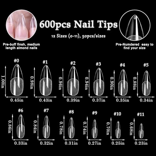 AddFavor 600pcs Almond Nail Tips, Medium Almond Gel X Nail Tips Clear Fake Nails Full Cover Acrylic Nail Tips for Extension Nail Manicure Salon Home DIY - Image 4