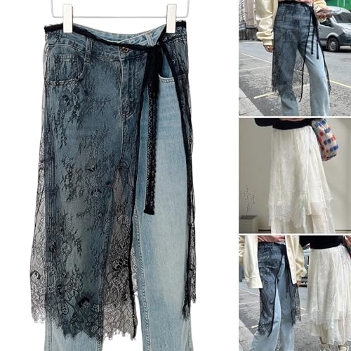 Women Korean Eyelash Lace Layering Long Skirt Hip Scarf with Tie Up Vintage Flower Lace Hip Covering Apron Skirts2