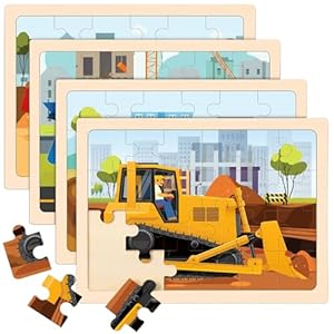 Wooden Puzzles for Kids Ages 4-6, 4 Packs 24 PCS Construction Vehicle Jigsaw Puzzles for Kids Ages 3-5, Preschool Educational Puzzles Boards Toys Gifts for Boys Girls