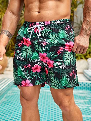 Mens Swim Trunks Hawaiian Tropical Swim Trunks Drawstring Elastic Waist Beach Swim Shorts with Pockets4
