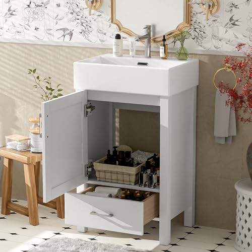 Guxeei 20-inch Bathroom Vanity with Sink Combo Set, Free Standing Single Storage Cabinet with Soft Closing Doors & One Drawer, Solid Wood Vanity Organizer with Ceramic Basin for Bathroom, White