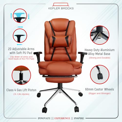 Image of Kepler Brooks Italia Pro Premium Leatherette Office Chair for Work | 3-Year Warranty | Boss Chair for Office, Ergonomic Chair, 2D Adjustable Arms, Lumbar Support, Legrest, Heavy Duty Metal Base (Tan)