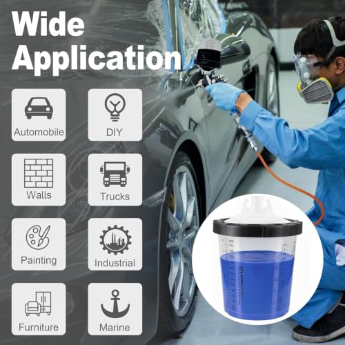 Image of Paint Spray Gun Disposable Cups System, 650ml (22oz) Automotive Paint Mixing Kit with 45 Lids & Liners, 125 Micron Filter, Hard Cup, Plugs for HVLP & LVLP Automotive Spray Guns